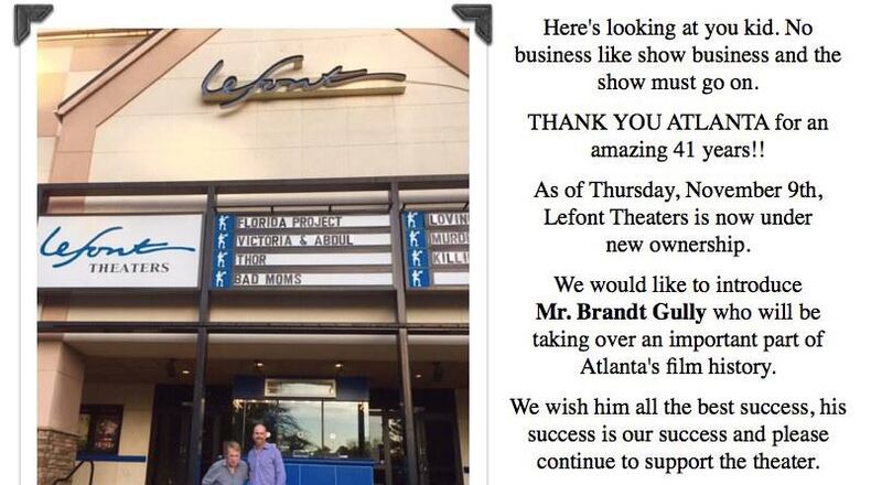 The Springs Cinema and Taphouse, formerly the LeFont Theatre Sandy Springs, posted this announcement to its Facebook page after the movie theater changed hands last fall. The Sandy Springs City Council has approved $11,290 in incentives for the new owner. SPRINGS CINEMA AND TAPHOUSE via Facebook