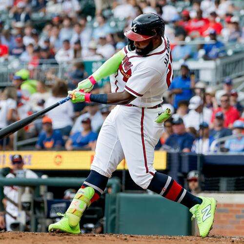 Atlanta Braves' Michael Harris II hits a solo home run against the San Diego Padres during the second inning of a baseball game, Thursday, July 23, 2026, in Atlanta. (AP Photo/Erik S. Lesser)