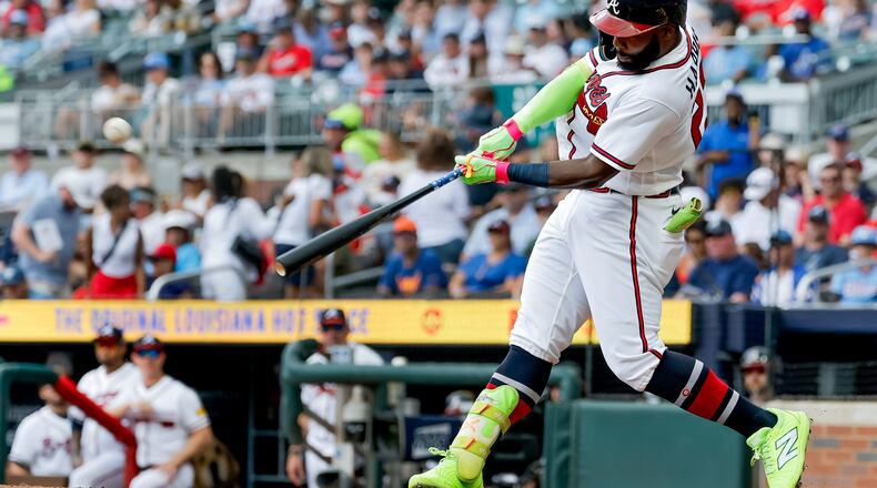 Atlanta Braves' Michael Harris II hits a solo home run against the San Diego Padres during the second inning of a baseball game, Thursday, July 23, 2026, in Atlanta. (AP Photo/Erik S. Lesser)