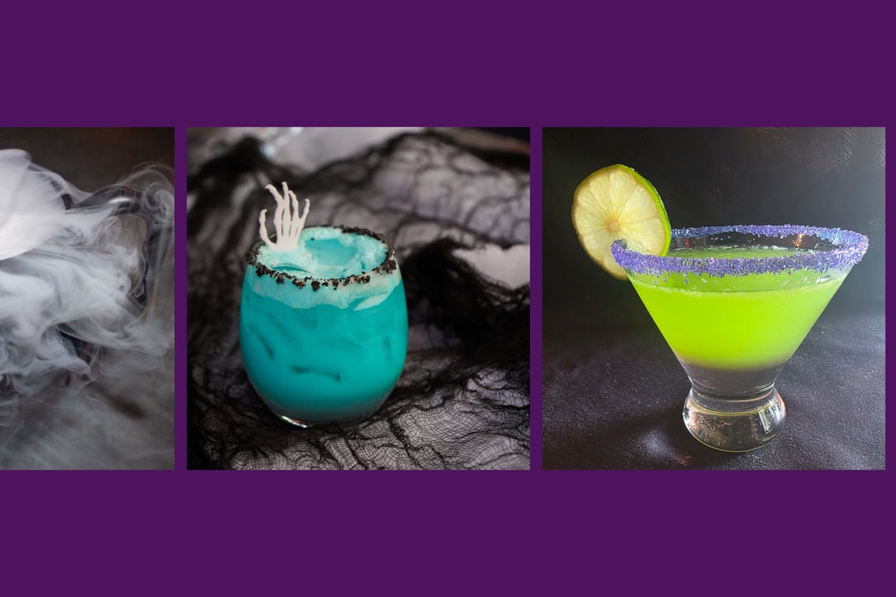 Spooky sips from around Atlanta, left to right: The Select's Hex on the Beach cocktail with fog from dry ice (Courtesy of the Select); Haunted Waters at Alta Toro joins a lineup of spooky themed cocktails (Courtesy of Alta Toro); Beetlejuice Martini from Piastra (Courtesy of Piastra).
