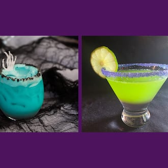 Spooky sips from around Atlanta, left to right: The Select's Hex on the Beach cocktail with fog from dry ice (Courtesy of the Select); Haunted Waters at Alta Toro joins a lineup of spooky themed cocktails (Courtesy of Alta Toro); Beetlejuice Martini from Piastra (Courtesy of Piastra).