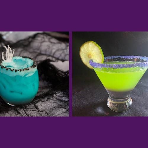 Spooky sips from around Atlanta, left to right: The Select's Hex on the Beach cocktail with fog from dry ice (Courtesy of the Select); Haunted Waters at Alta Toro joins a lineup of spooky themed cocktails (Courtesy of Alta Toro); Beetlejuice Martini from Piastra (Courtesy of Piastra).