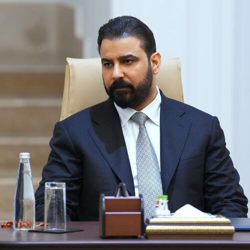 Iraqi Prime Minister-designate Ali al-Zaidi attends the meeting of the Coordination Framework political bloc in Baghdad, Iraq, Monday, April 27, 2026. (Iraqi Presidency Office via AP)