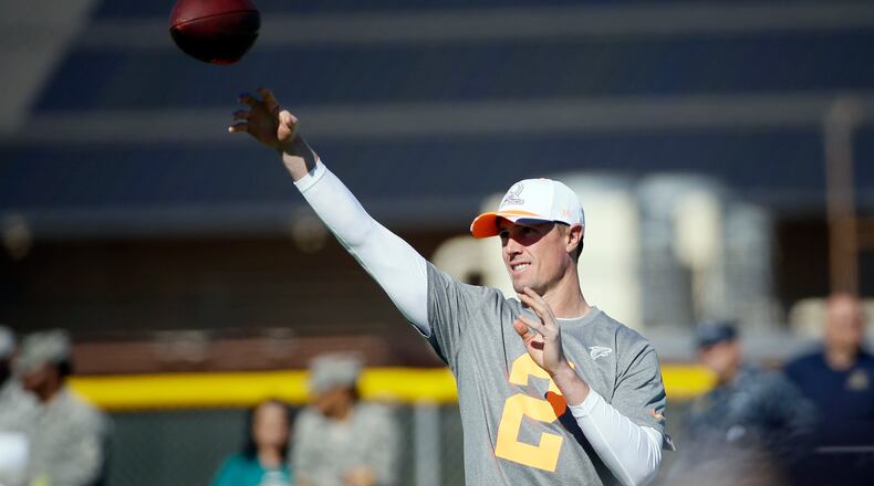 Atlanta Falcons' Matt Ryan throws during a practice session at Luke Air Force Base for the NFL Football Pro Bowl Thursday, Jan. 22, 2015, in Glendale, Ariz. (AP Photo/David J. Phillip) Falcons quarterback Matt Ryan, who's in Arizona for Pro Bowl, said likes footballs worn a little. (AP photo)