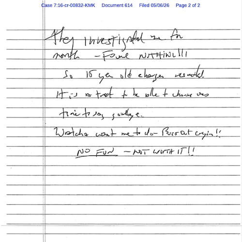 This document, released Wednesday, May 6, 2026, by the U.S. District Court for the Southern District of New York, shows a note that Jeffrey Epstein’s former cellmate said he found after Epstein’s reported suicide attempt in July 2019. (U.S. District Court for the Southern District of New York via AP)