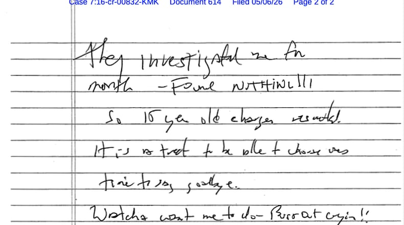 This document, released Wednesday, May 6, 2026, by the U.S. District Court for the Southern District of New York, shows a note that Jeffrey Epstein’s former cellmate said he found after Epstein’s reported suicide attempt in July 2019. (U.S. District Court for the Southern District of New York via AP)