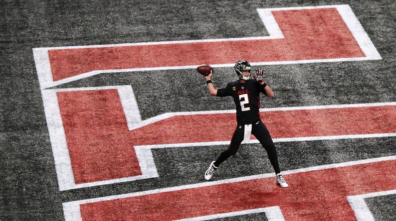 Falcons quarterback Matt Ryan throws a pass while preparing to play the Las Vegas Raiders on Nov. 29, 2020, at Mercedes-Benz Stadium in Atlanta. (Curtis Compton / Curtis.Compton@ajc.com)