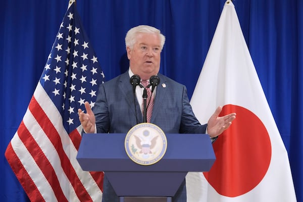 New U.S. Ambassador to Japan George Glass answers questions from journalists at a press conference after his arrival in Tokyo Friday, April 18, 2025. (Kazuhiro Nogi/Pool Photo via AP)