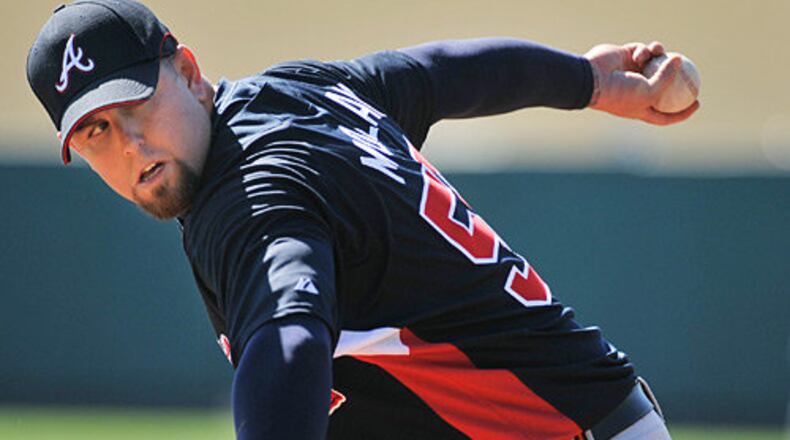 Sidearm reliever Peter Moylan, pictured during 2015 spring training when he was coming back from a second Tommy John elbow surgery, has pitched the past two seasons for Kansas City but is drawing interest again from the Braves as a free agent. (AJC file photo)