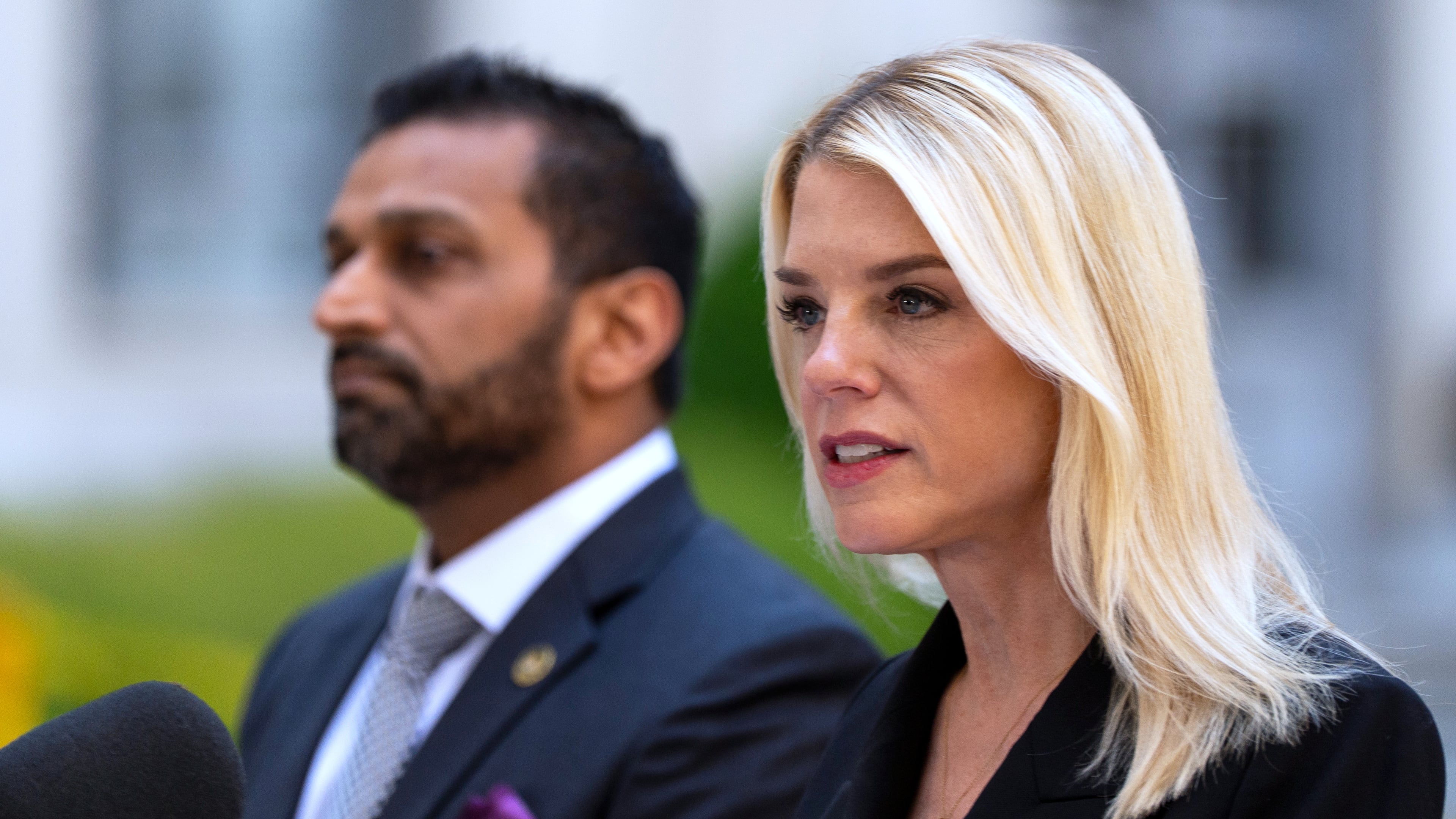 FILE - Attorney General Pam Bondi and FBI Director Kash Patel speak during a news conference at the Department of Justice, May 7, 2025, in Washington. (AP Photo/Alex Brandon, File)
