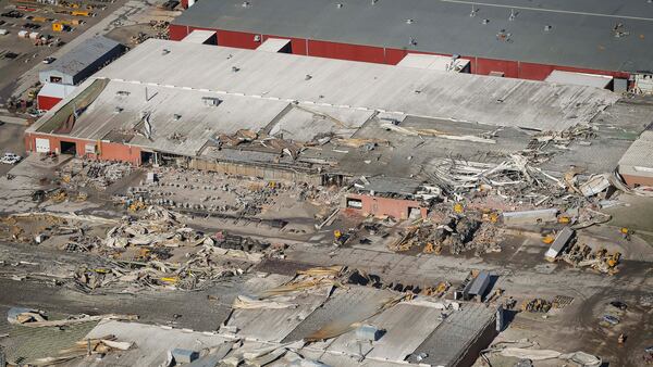 Damage to production plants at Vermeer Corp., a farm and construction equipment manufacturer in Pella, Iowa, is seen in an aerial view, Thursday, July 19, 2018, after a tornado went through the area.