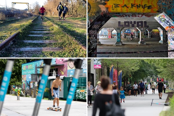(Clockwise from top left) Runners make their way along the tracks on the Eastside Trail just south of Wylie Street in February 2014; a bicyclist rides through the Krog Street tunnel in May 2017 just before construction of the Eastside Trail extension; pedestrians walk on the Beltline near Krog Street Market in May 2025; a skateboarder rolls down the Beltline near Krog Street Market in July 2024. (Ben Gray/2014; Bob Andres/AJC 2017; Miguel Martinez/AJC 2025; Arvin Temkar/AJC 2024)