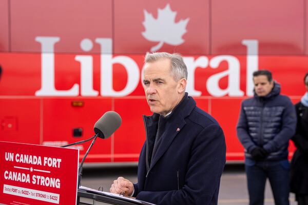 Liberal Leader Mark Carney speaks at a campaign event at the Port of Montreal on Friday March 28, 2025. (Frank Gunn/The Canadian Press via AP)