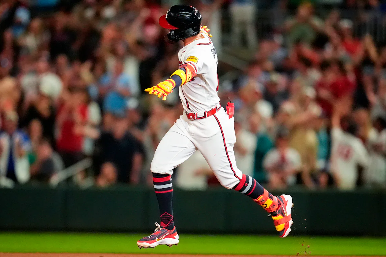 Atlanta Braves' Mauricio Dubón celebrates his two-run homer against the Chicago Cubs on May 13, 2026. (Mike Stewart/AP)