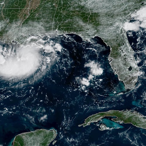 This satellite image released by NOAA shows Potential Tropical Cyclone Five forming over the Gulf of Mexico on Monday, Aug. 31, 2026. (NOAA via AP)