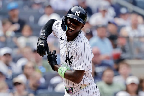 New York Yankees' Jazz Chisholm Jr. reacts after striking out during the sixth inning of a baseball game against the Athletics, Sunday, June 29, 2025, in New York. (AP Photo/Adam Hunger)