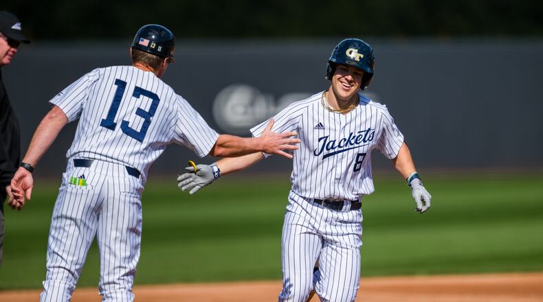 Georgia Tech baseball player Drew Burress rounds third base in a game against Cornell on Feb. 24, 2024 at Russ Chandler Stadium on the Tech campus. (Photo by Danny Karnik/Georgia Tech Athletics)