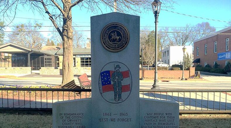 Confederate Veterans of Gwinnett Monument (Old Gwinnett County Courthouse): This monument was dedicated in 1993 by the Sons of Confederate Veterans. Perhaps anticipating today’s flag controversies, it includes this quote by Winston Churchill: “Any people with contempt for their heritage have lost faith in themselves and no nation can long survive without pride in its traditions.” PETE CORSON / pcorson@ajc.com