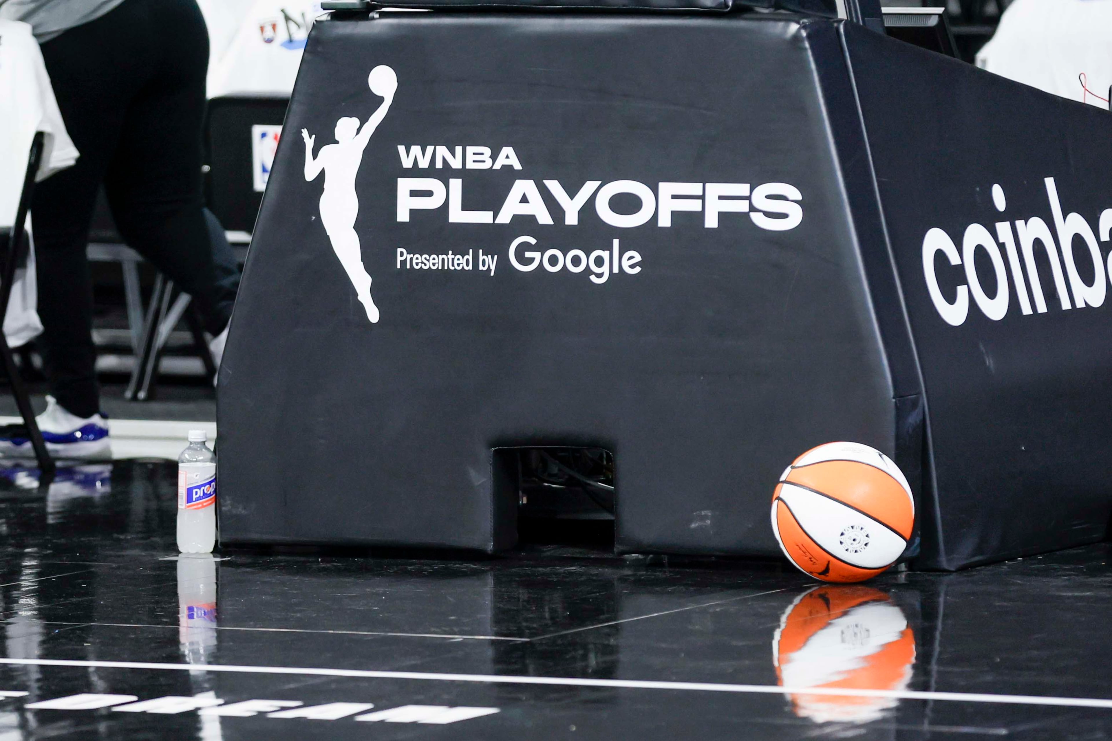 The WNBA logo is seen on the court at the Gateway Center Arena prior to the first-round playoff game between the Atlanta Dream and the Indiana Fever on Sunday, Sept. 14, 2024, in Atlanta.
(Miguel Martinez/ AJC)