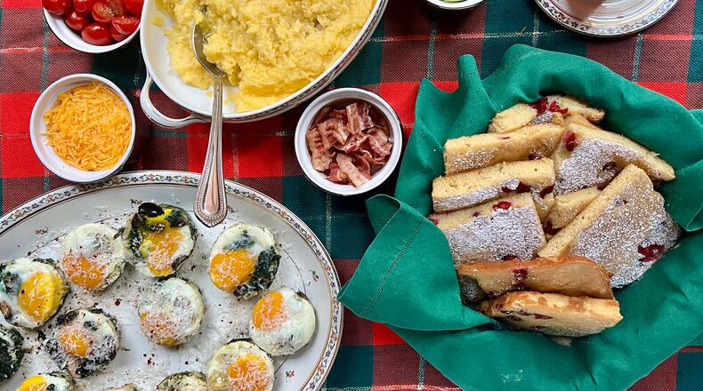 Slow Cooker Grits Bar (top), Buttermilk Cranberry Sheet Pan Pancake (right) and Shirred Eggs in Muffin Cups (bottom left) make for an easy and inexpensive holiday brunch. Virginia Willis for The Atlanta Journal-Constitution