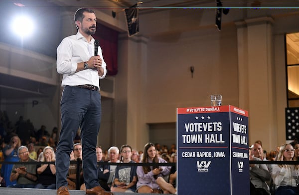 Former U.S. Secretary of Transportation Pete Buttigieg listens to a question from the audience during a VoteVets Townhall, Tuesday, May 13, 2025, in Cedar Rapids, Iowa. (AP Photo/Cliff Jette)