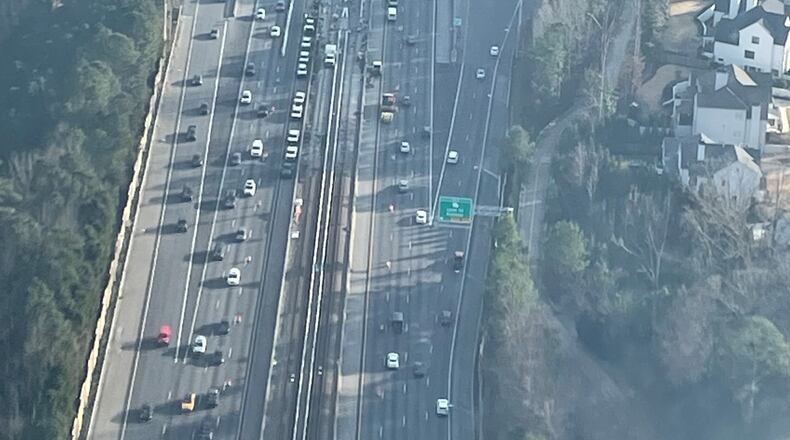 MARTA Red Line track replacement caused the left lane to be blocked on GA-400 in each direction near Lenox Road from Feb. 17th-26th, 2023. Credit: Doug Turnbull/WSB Skycopter