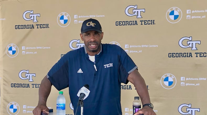 Georgia Tech defensive ends/outside linebackers coach Marco Coleman addresses media on Aug. 12, 2021 at Bobby Dodd Stadium. (AJC photo by Ken Sugiura)