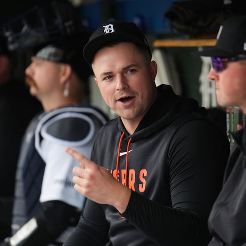 Detroit Tigers pitcher Tarik Skubal watches from the dugout against the Cleveland Guardians during the first inning of a baseball game Wednesday, May 20, 2026, in Detroit. (AP Photo/Paul Sancya)