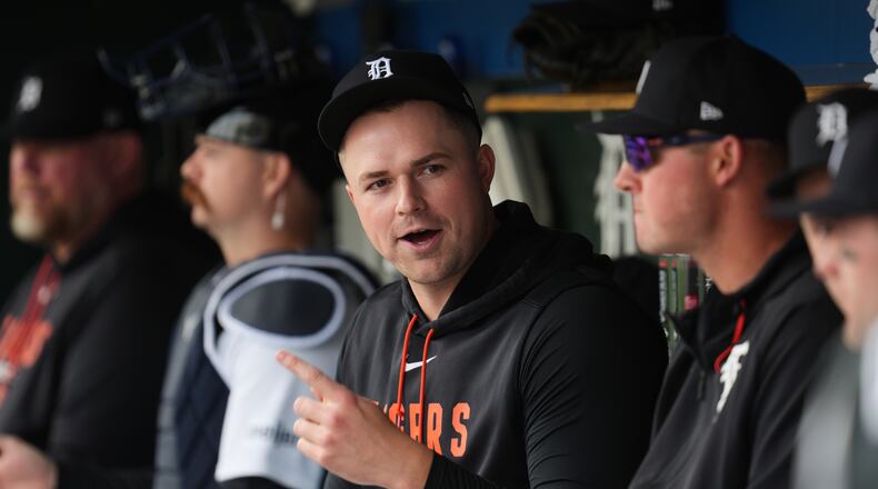 Detroit Tigers pitcher Tarik Skubal watches from the dugout against the Cleveland Guardians during the first inning of a baseball game Wednesday, May 20, 2026, in Detroit. (AP Photo/Paul Sancya)