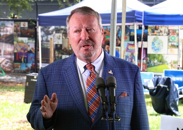 Orlando mayor Buddy Dyer delivers remarks at the Pulse nightclub on the eve of the 2016 mass shooting's 9th anniversary, Wednesday, June 11, 2025, in Orlando, Fla. (Joe Burbank/Orlando Sentinel via AP)