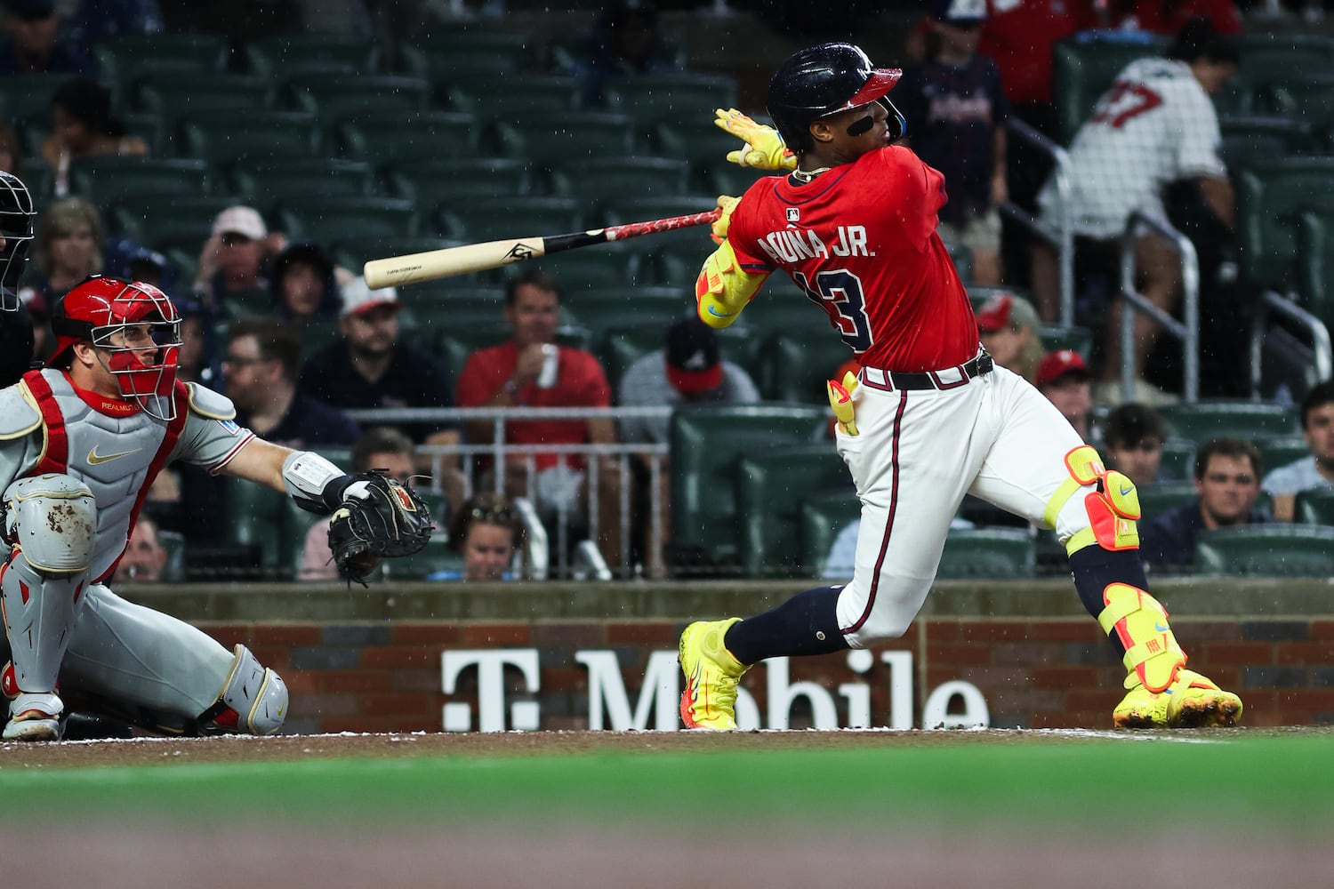 Braves outfielder Ronald Acuña Jr. hits the ball during Friday's game against the Phillies at Truist Park in Atlanta. (Abbey Cutrer/AJC)
