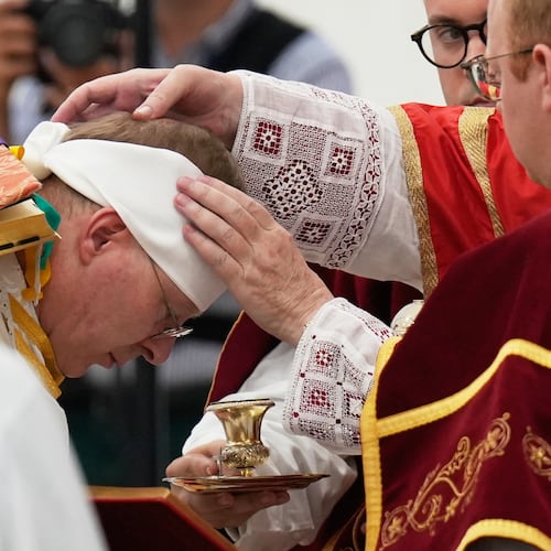 Father Pascal Schreiber is consecrated as bishop during a ceremony in a tent set up outside the Society of St. Pius X seminary in Econe, Switzerland, Wednesday, July 1, 2026. (AP Photo/Baz Ratner)