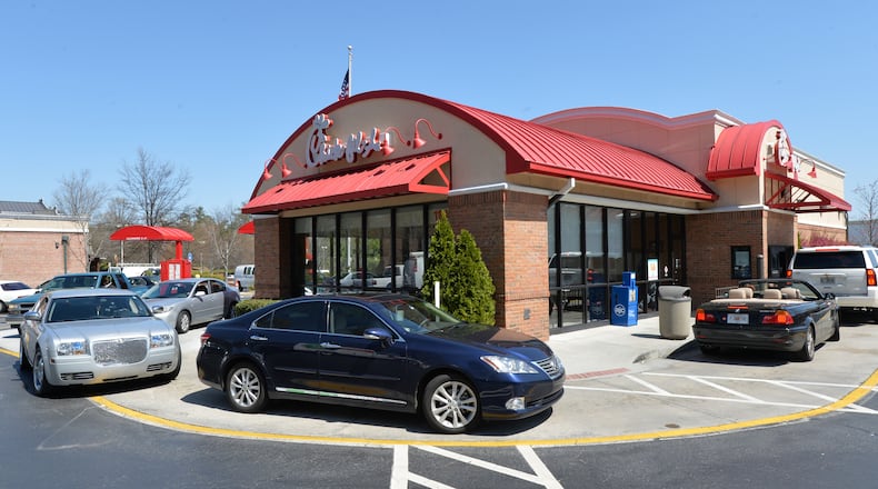 Cars wait to get to the drive thru at Chick-fil-A in Dunwoody on Tuesday, April 1, 2014. Chick-fil-A has surpassed KFC as America's number one purveyor of fried chicken with sales greater $5 billion with a fraction of the stores fronted by the Colonel. HYOSUB SHIN / HSHIN@AJC.COM