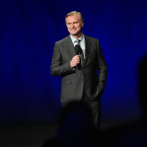 Christopher Nolan, director of the upcoming film "The Odyssey," speaks during the Universal Pictures and Focus Features presentation at CinemaCon on Wednesday, April 15, 2026, at Caesars Palace in Las Vegas. (AP Photo/Chris Pizzello)