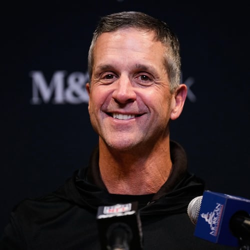 FILE - Baltimore Ravens head coach John Harbaugh speaks during a press conference after an NFL football game against the Cincinnati Bengals, Sunday, Dec. 14, 2025, in Cincinnati. (AP Photo/Carolyn Kaster, File)