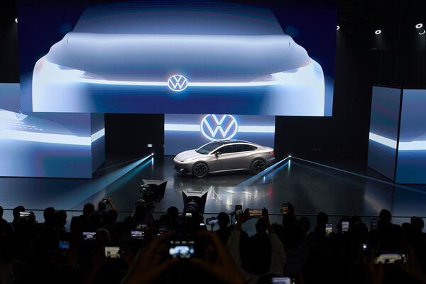 A concept car is shown during the Volkswagen Group media night ahead of the Auto Show in Shanghai, Tuesday, April 22, 2025. (AP Photo/Ng Han Guan)