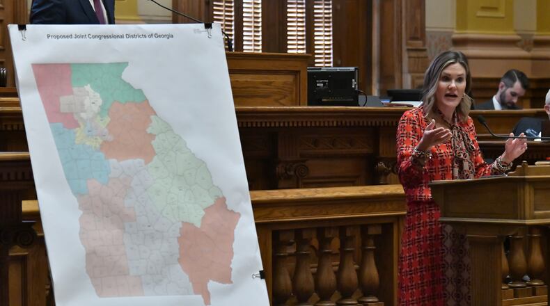 State Sen. Elena Parent, D-Atlanta, speaks in opposition of SB 2 EX, newly-drawn congressional maps, in the Senate Chambers during a special session at the Georgia State Capitol in Atlanta on Friday, November 19, 2021. (Hyosub Shin/hyosub.shin@ajc.com)