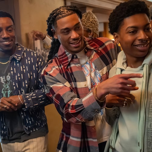 This image released by Netflix shows Chibuikem Uche, from left, Cornell Young IV and Jordan Aaron Hall in a scene from "A Different World." (Quantrell Colbert/Netflix via AP)