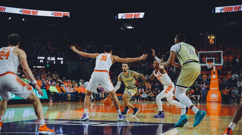 Georgia Tech guard Jose Alvarado scored 10 points on 3-for-9 shooting with five rebounds and three assists against Clemson on Jan. 16, 2019 at Littlejohn Coliseum. (Mary Alexander/Clemson Athletic Communications)