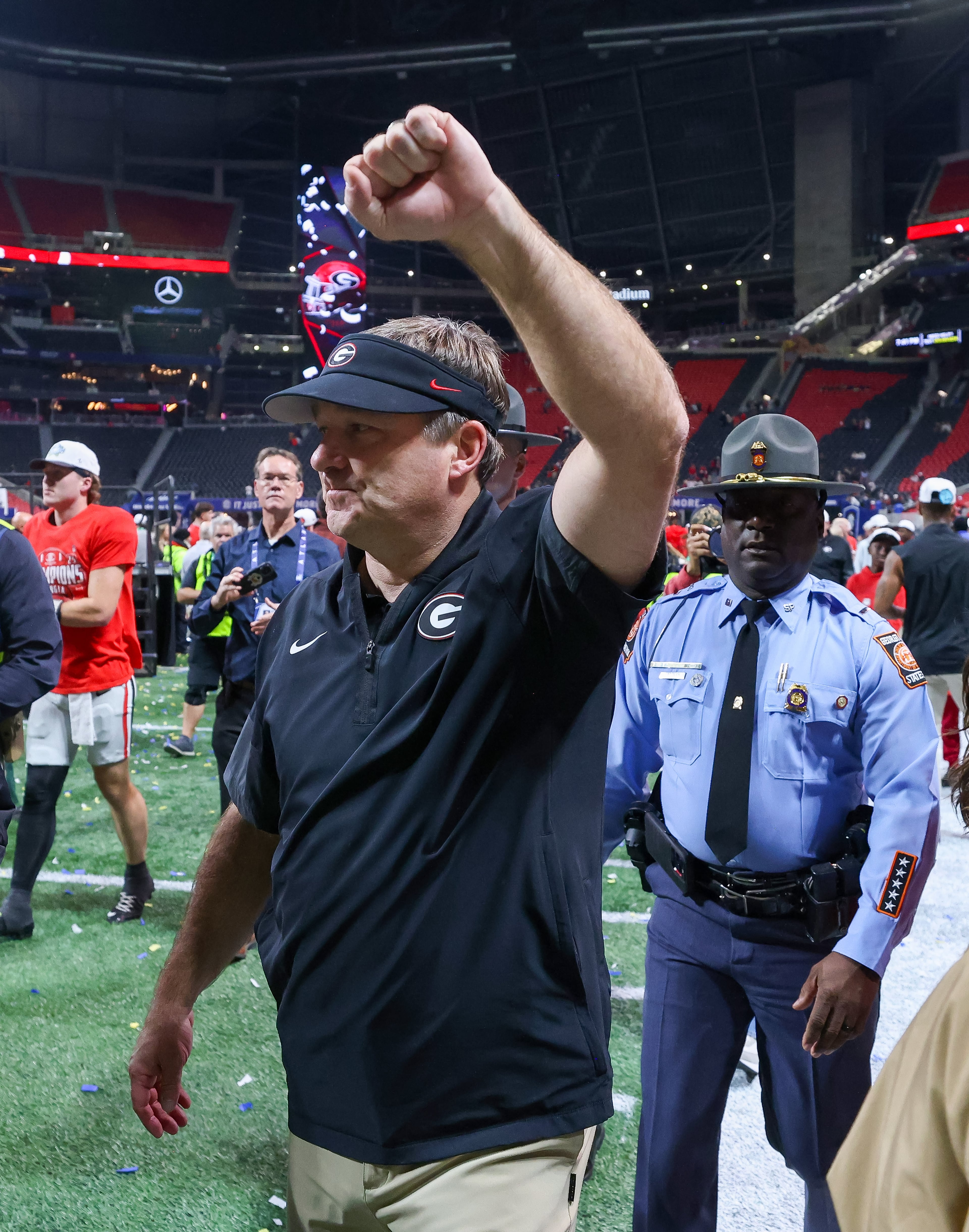 Georgia head coach Kirby Smart celebrates a 28-7 victory over Alabama in the SEC Championship game at Mercedes-Benz Stadium, Saturday, Dec. 6, 2025, in Atlanta. (Jason Getz / AJC)