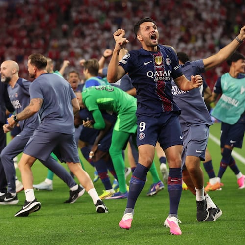 PSG's Goncalo Ramos celebrates after winning the Champions League final soccer match between Paris Saint-Germain and Arsenal in Budapest, Hungary, Saturday, May 30, 2026. AP Photo/Armin Durgut)