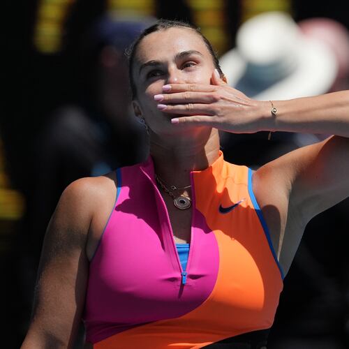 Aryna Sabalenka of Belarus celebrates after defeating Victoria Mboko of Canada in their fourth round match at the Australian Open tennis championship in Melbourne, Australia, Sunday, Jan. 25, 2026. (AP Photo/Dita Alangkara)