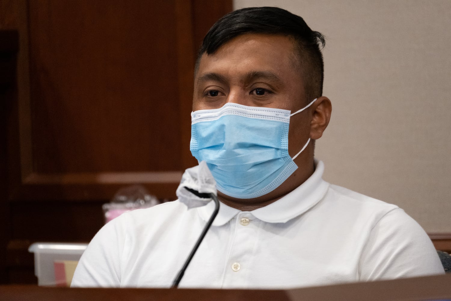 210727-Canton-Elcias Rocendo Hernandez Ortiz, who was shot it the face during the spa shootings, gives an impact statement during the plea hearing for Robert Aaron Long in Superior Court of Cherokee County in Canton on Tuesday morning, July 27, 2021. Ben Gray for the Atlanta Journal-Constitution