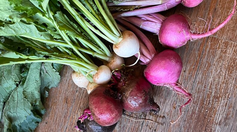 Root vegetables are a staple of winter cooking. Pictured are (clockwise from top) hakurei turnips, Tsugaru Scarlet pink turnips and beets.
(C.W. Cameron for The Atlanta Journal-Constitution)