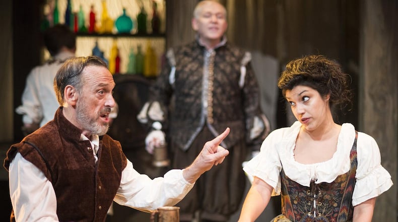 Artistic director Tom Key (from left), Jeff McKerley and Eliana Marianes appear in Decatur native Lauren Gunderson’s “The Book at Will” at Theatrical Outfit. CONTRIBUTED BY GREG MOONEY