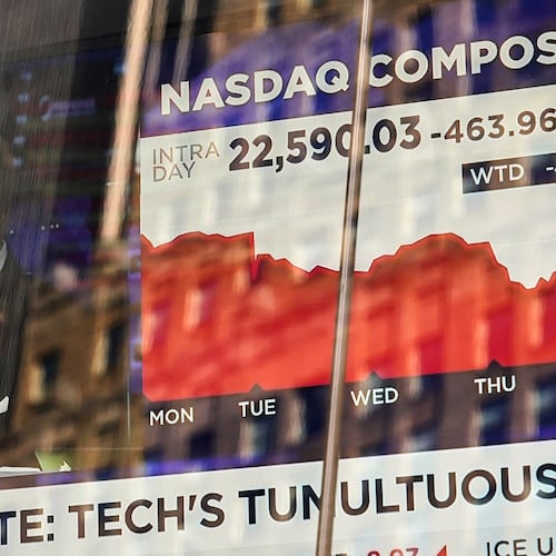 A television screen is displayed in the window of the Nasdaq MarketSite, in New York's Times Square, Friday, Nov. 7, 2025. (AP Photo/Richard Drew)