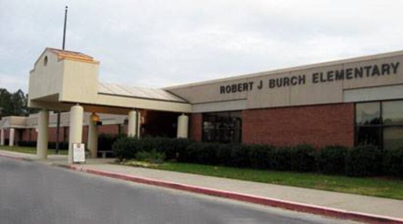 The stucco canopy at Robert J. Burch Elementary was damaged by heavy rain earlier this year. Courtesy Fayette County Public Schools