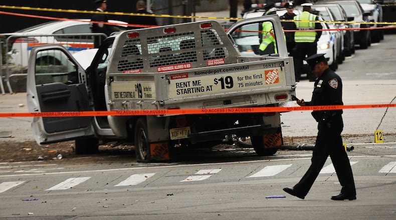 The crashed vehicle used in what is being described as a terrorist attack sits in lower Manhattan the morning after the event on Tuesday in New York City. Eight people were killed and 12 were injured. Spencer Platt/Getty Images