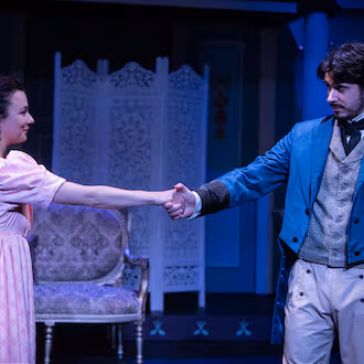 Emma (Claire F. Martin) and Knightley (Luke Robbins) keep their connection at arm’s length. (Courtesy of Jeff Watkins)