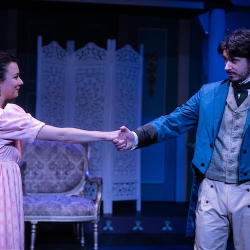 Emma (Claire F. Martin) and Knightley (Luke Robbins) keep their connection at arm’s length. (Courtesy of Jeff Watkins)